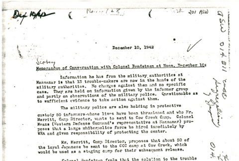Memorandum of Conversation with Colonel Bendetsen at Noon, December 10 (ddr-densho-122-563)