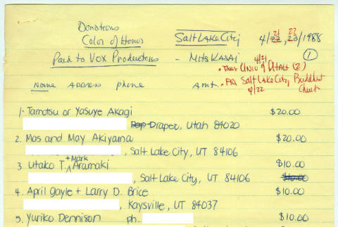 Salt Lake City donor contact information for The Color of Honor (ddr-densho-1007-1482)