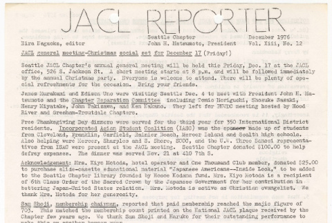 Seattle Chapter, JACL Reporter, Vol. XIII, No. 12, December 1976 (ddr-sjacl-1-261)
