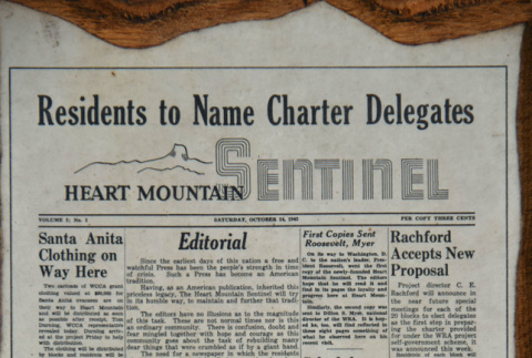 Framed copy of the October 24, 1942 edition of the Heart Mountain Sentinnel (ddr-densho-339-33)