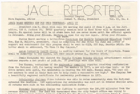 Seattle Chapter, JACL Reporter, Vol. XI, No. 4, April 1974 (ddr-sjacl-1-165)