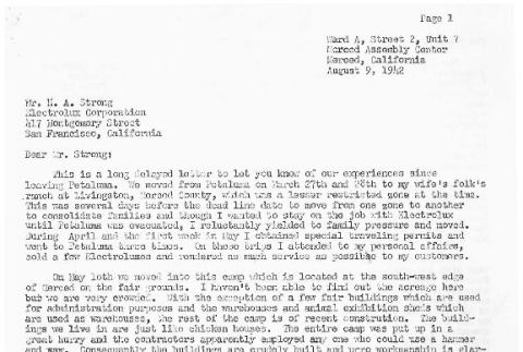 Letter from Henry [Katsumi] Fujita to Mr. H. A. Strong, Electrolux Corporation, August 9, 1942 (ddr-csujad-23-13)