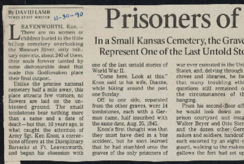 Prisoners of silence: in a small Kansas cemetery, the graves of 14 German POWs represent one of the last untold stories of World War II (ddr-csujad-49-265)