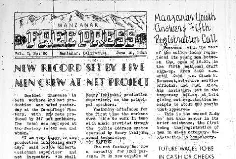 Manzanar Free Press Vol. I No. 30 (June 30, 1942) (ddr-densho-125-30)