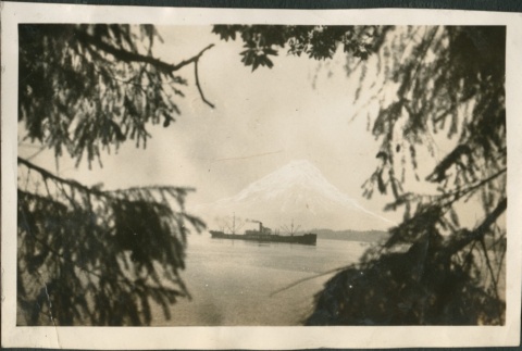 A ship with a mountain in the background (ddr-densho-321-573)