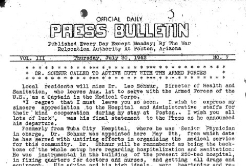 Poston Official Daily Press Bulletin Vol. III No. 7 (July 30, 1942) (ddr-densho-145-68)
