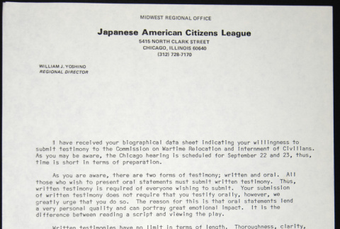 Form letter for witnesses at the CWRIC from William Yoshino (ddr-chijacl-1-596)