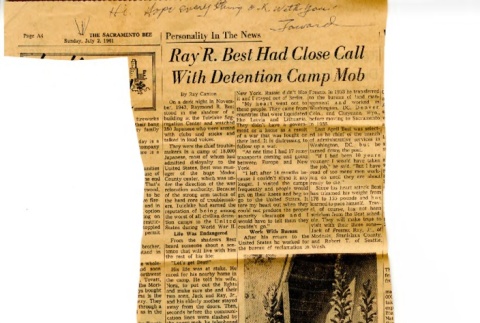 [Ray R. Best had close call with detention camp mob], biographical news article on Tule Lake Camp Director Raymond Best (ddr-csujad-2-39)