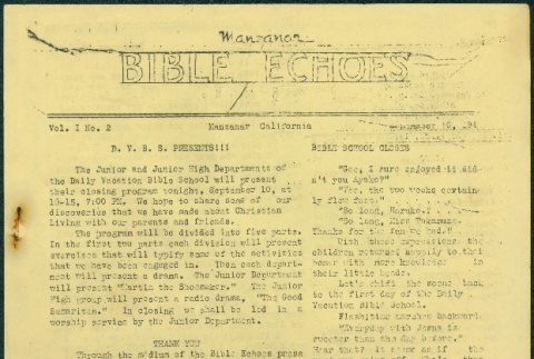 Manzanar Bible Echoes, Vol. I, No. 2 (September 10, 1943) (ddr-manz-9-1)