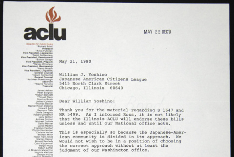 Letter to William Yoshino from Jay Miller of the American Civil Liberties Union (ddr-chijacl-1-135)