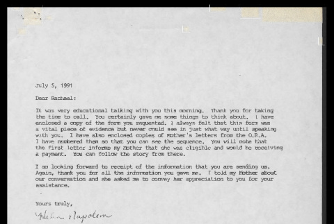 Letter from Helen (Nakamura) Napoleon to Rachael Kawasaki, July 5, 1991 (ddr-csujad-55-2081)