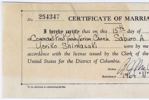 Marriage Certificate for Saburo Kitagawa and Yoriko Shimasaki (ddr-densho-539-65)