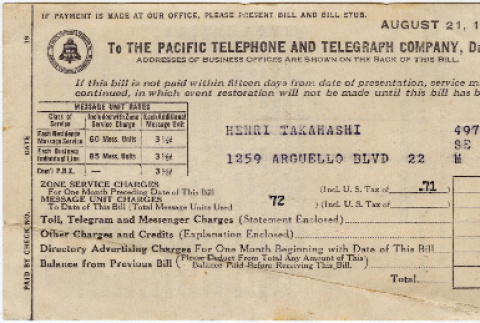 Receipt for Pacific Telephone and Telegraphs bill (ddr-densho-422-435)
