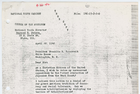 Letter from Ernest Lefever to President Roosevelt and forwarding by Edward J. Ennis (ddr-densho-1007-1037)