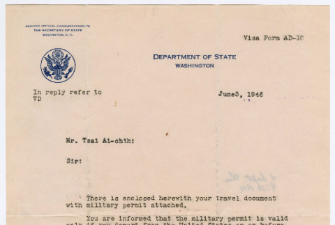 Letter from Howard K. Travers, U.S. State Department, to Ai Chih Tsai (ddr-densho-446-217)