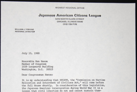 Letter to Ken Hance from William Yoshino (ddr-chijacl-1-315)