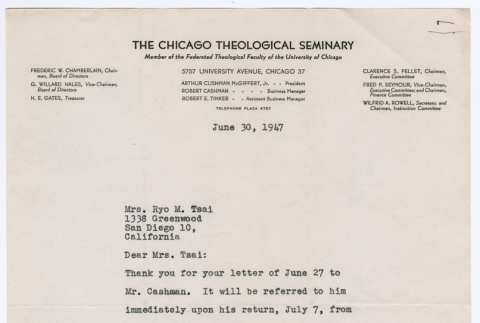 Letter from Robert E. Tinker, Chicago Theological Seminary, to Ryo Tsai (ddr-densho-446-285)
