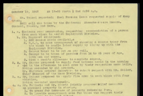 Minutes from the Heart Mountain Block Chairmen meeting, October 19, 1942 (ddr-csujad-55-294)