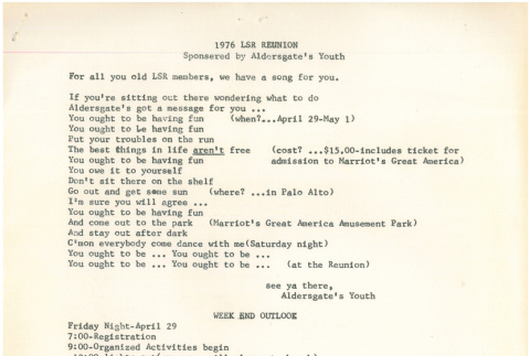 Schedule for the 1976 Lake Sequoia Retreat reunion (ddr-densho-336-899)