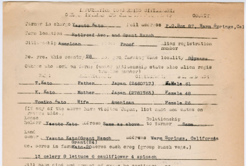 Information concerning citizenship German, Italian and Japanese Farmers of Alameda County and associated documents for Yasuto Kato family (ddr-densho-491-76)