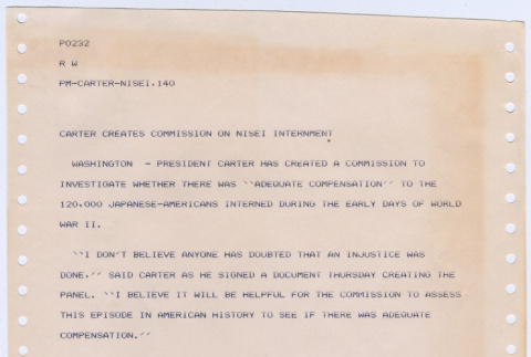 News copy re: creation of commission to study reparations (ddr-densho-122-254)
