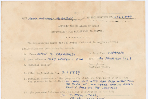 Application of alien of enemy nationality for permission to travel (ddr-densho-410-12)