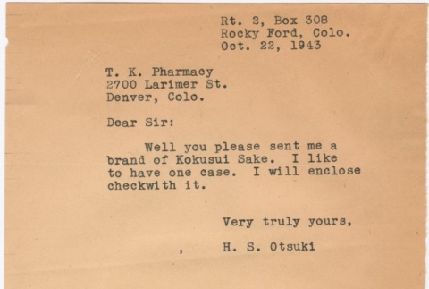 Letter sent to T.K. Pharmacy (ddr-densho-319-69)
