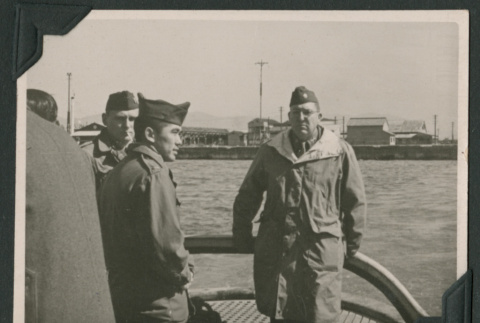 Allied soldiers meeting repatriation boat (ddr-densho-397-343)