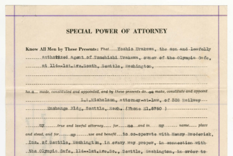 Special Power of Attorney to Yoshio Urakawa for Tomehichi Urakawa (ddr-densho-474-84)