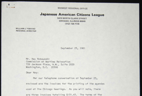 Letter and receipts to Key Kobayashi from Bill Yoshino (ddr-chijacl-1-556)