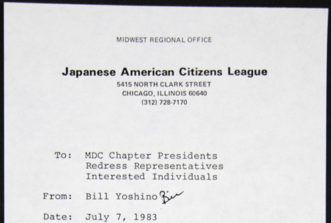 Memo to MDC Chapter Presidents, Redress Representatives and Interested Individuals from Bill Yoshino (ddr-chijacl-1-266)