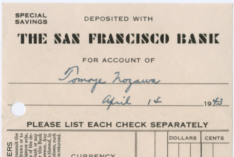 Deposit slip from the San Francisco Bank (ddr-densho-410-70)