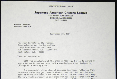 Letter to Joan Bernstein from Bill Yoshino (ddr-chijacl-1-555)