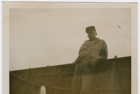 Soldier standing on deck of ship (ddr-densho-368-34)