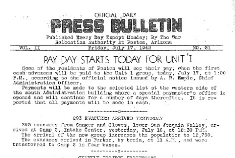 Poston Official Daily Press Bulletin Vol. II No. 31 (July 17, 1942) (ddr-densho-145-57)