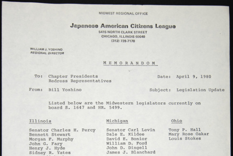 Memo to Chapter Presidents and Redress Representatives from Bill Yoshino (ddr-chijacl-1-461)