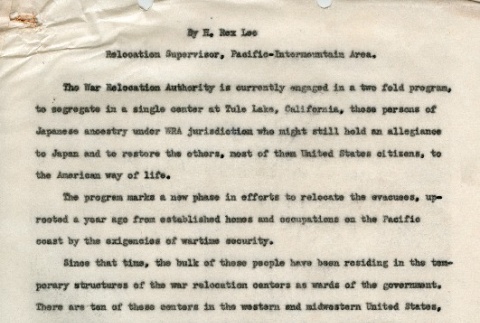 Document by H. Rex Lee, Relocation Supervisor, Pacific-Intermountain Area (ddr-densho-156-154)