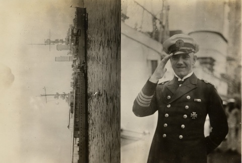 Sir Arthur Witthoeft saluting and a ship (ddr-njpa-1-2558)