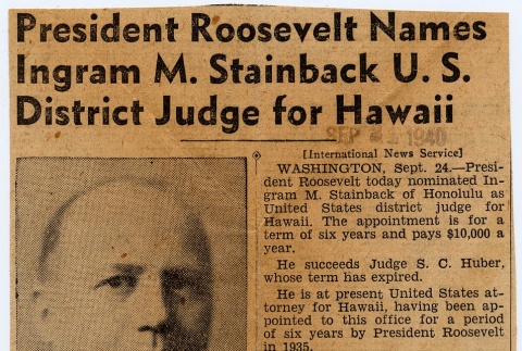 Photograph and short article regarding appointment of Ingram Stainback (ddr-njpa-2-1183)