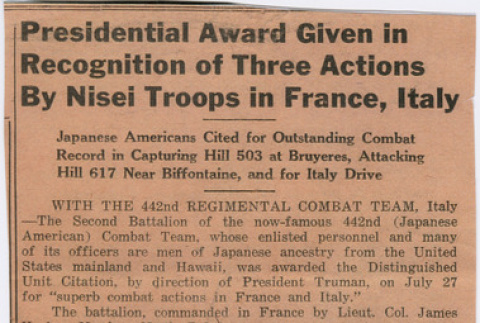 Article titled:  Presidential Award Given in Recognition of Three Actions By Nisei Troops in France, Italy (ddr-densho-539-108)