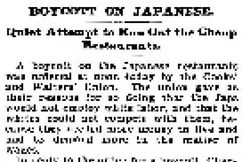 Boycott on Japanese. Quiet Attempt to Run Out the Cheap Restaurants. (May 1, 1900) (ddr-densho-56-8)