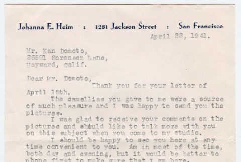 Letter to Kan Domoto from Johanna E. Heim (ddr-densho-329-205)