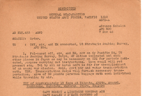 U.S. Strategic Bombing Survey operations orders (ddr-densho-563-42)