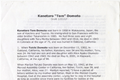 Draft of family history and biography of Kanetaro 