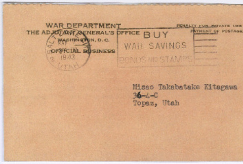 Card to Misao Takabatake Kitagawa informing her of Saburo Kitagawa's induction (ddr-densho-539-47)