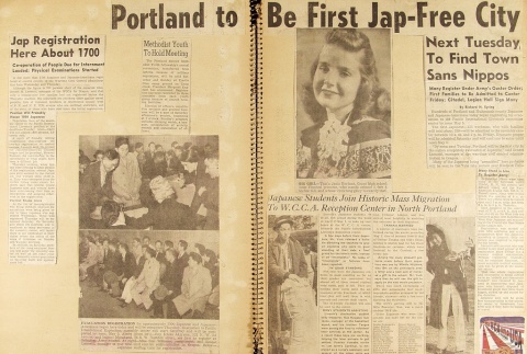 Two pages of newspaper clippings from scrapbook (ddr-densho-72-15)