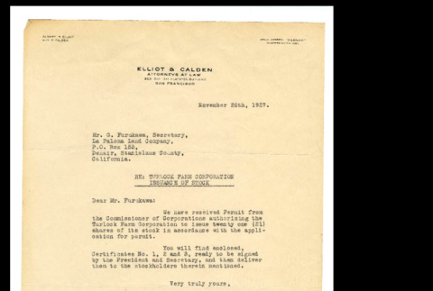 Letter from Elliot and Calden attorneys at law, to G. Furakawa of La Paloma Land Company, November 26, 1927 (ddr-csujad-46-34)