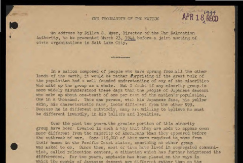 One thousandth of the Nation: an address by Dillion S. Myer, Director of the War Relocation Authority (ddr-csujad-55-1645)