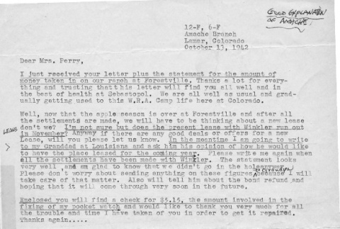 Letter from Kazuo Ito to Lea Perry, October 13, 1942 (ddr-csujad-56-19)