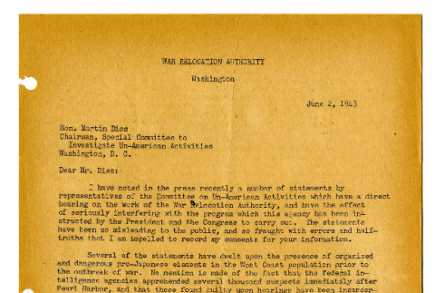 Letter from Mr. Myer, WRA Director, to the chairman of the special committee to investigate Un-American Activities, Mr. Martin Dies, June 2, 1943 (ddr-csujad-19-68)